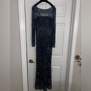 Navy Blue and Silver Sequin Long Sleeve gown Dress (New with tags)
